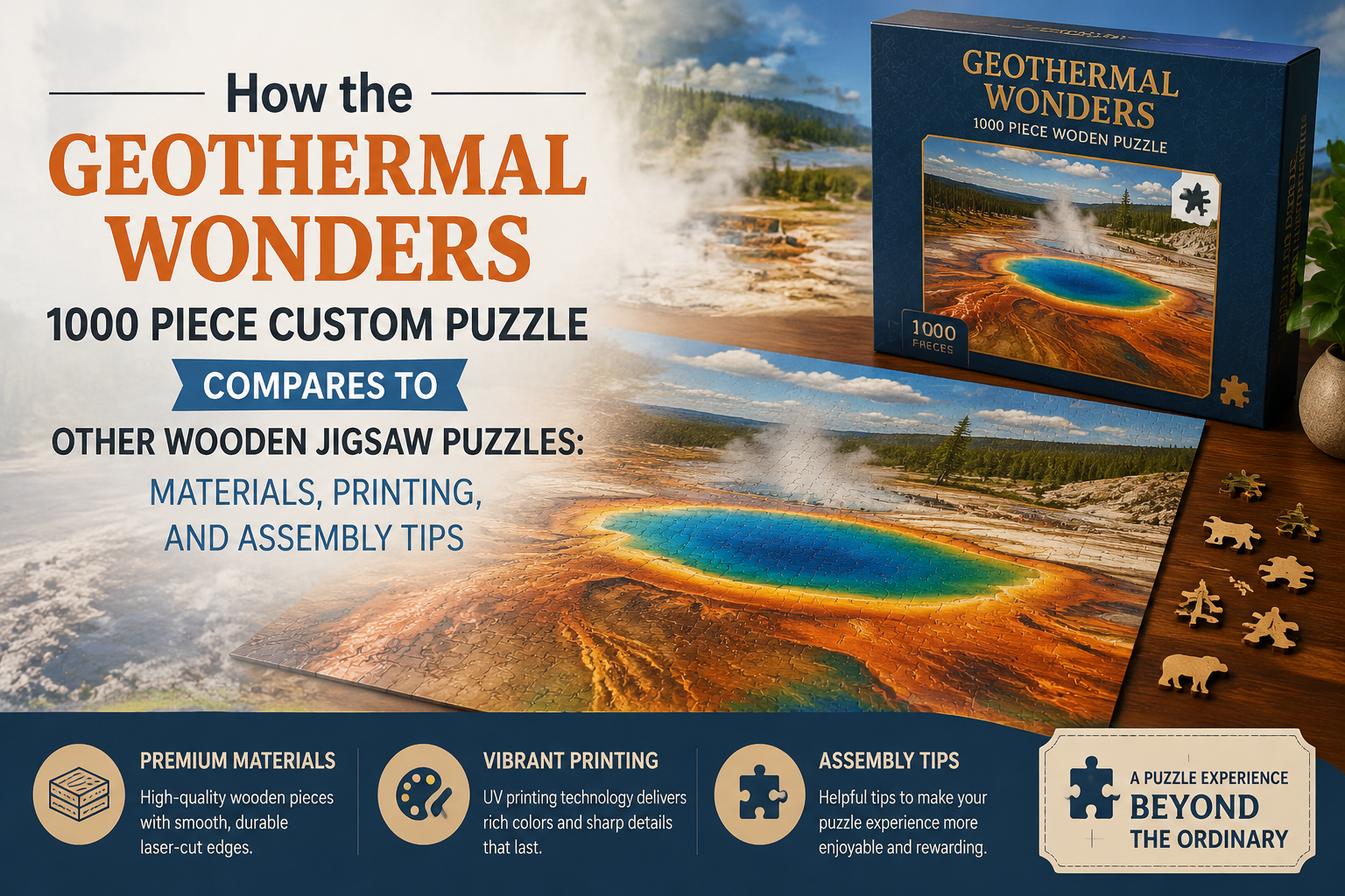 How the Geothermal Wonders 1000 piece custom puzzle compares to other wooden jigsaw puzzles: materials, printing, and assembly tips