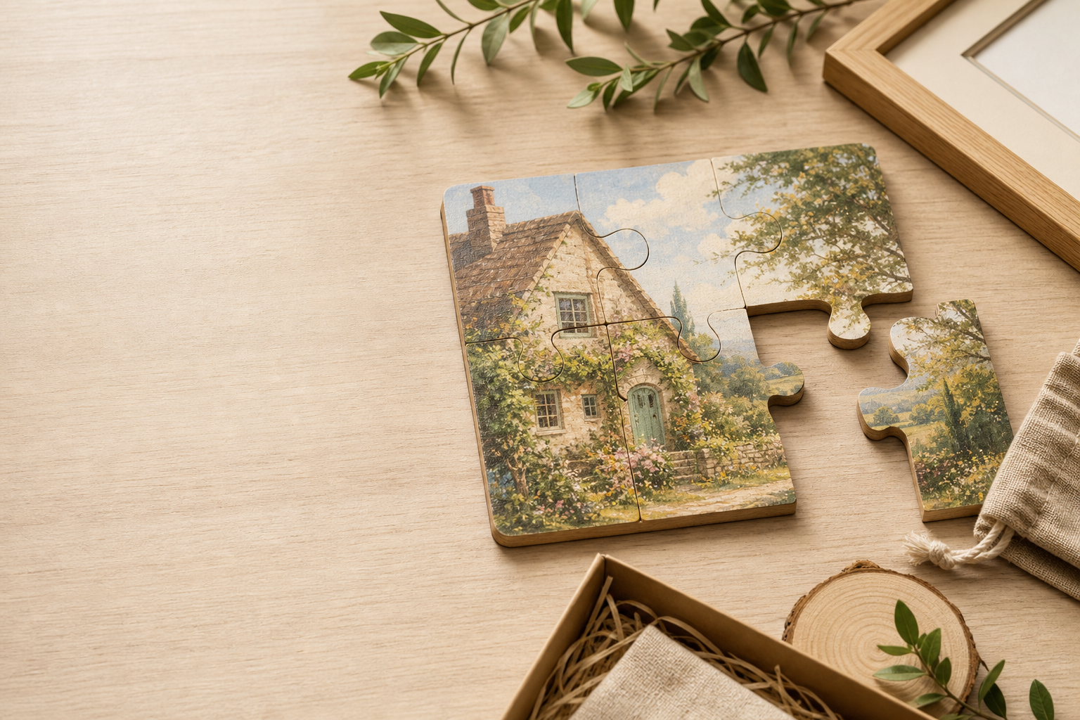 Countryside Cottage 6 piece wood puzzle: review, eco-friendly materials, Japanese puzzle design & framing tips