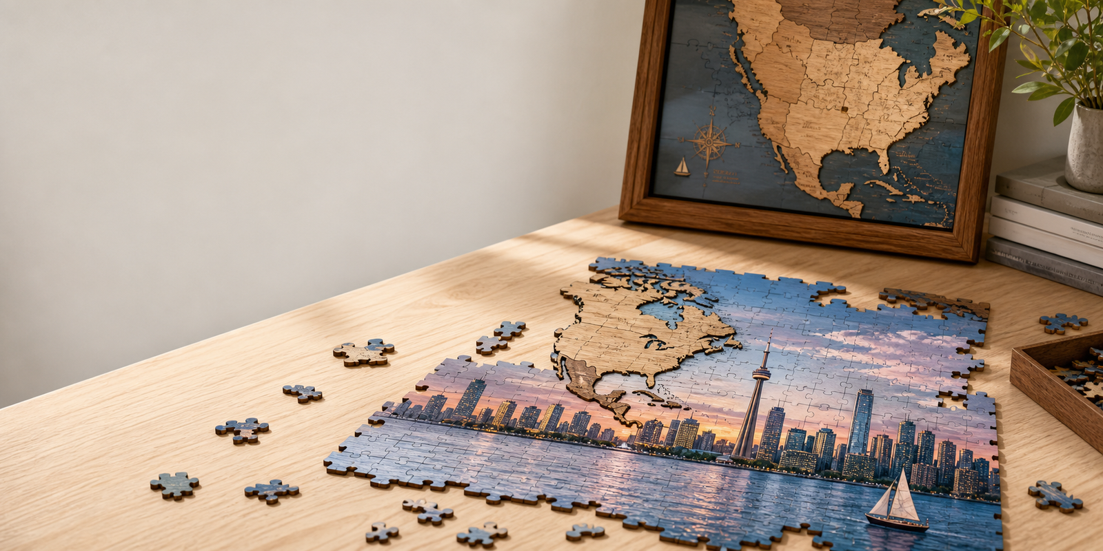 How Wooden Jigsaw Puzzles Work: Skyline & Sea, north america map puzzle, and tips for framing
