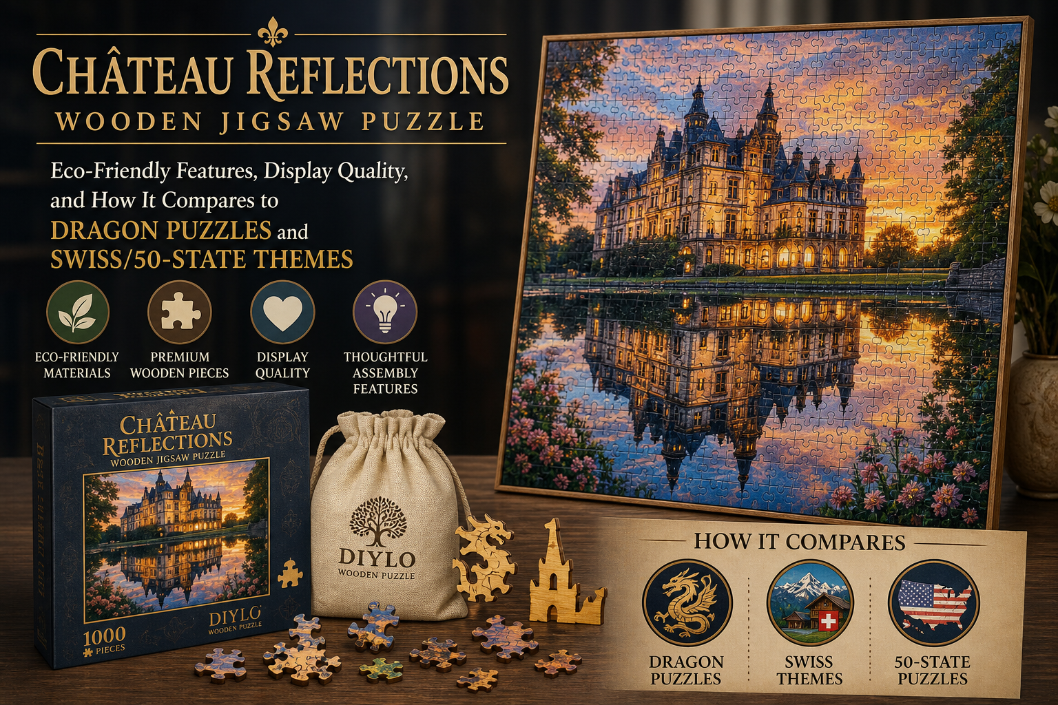 Château Reflections Wooden Jigsaw Puzzle: Eco-Friendly Features, Display Quality, and How It Compares to Dragon Puzzles and Swiss/50-State Themes