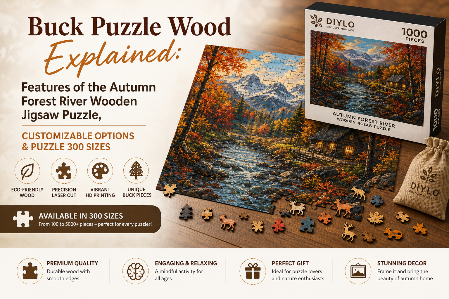 Buck Puzzle Wood Explained: Features of the Autumn Forest River Wooden Jigsaw Puzzle, Customizable Options & Puzzle 300 Sizes