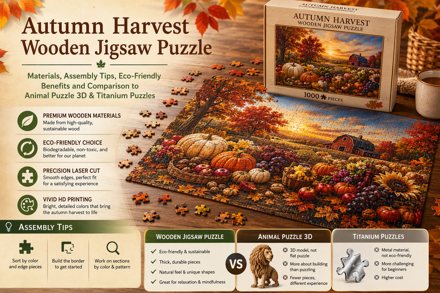 Autumn Harvest Wooden Jigsaw Puzzle: Materials, Assembly Tips, Eco-Friendly Benefits and Comparison to Animal Puzzle 3D & Titanium Puzzles