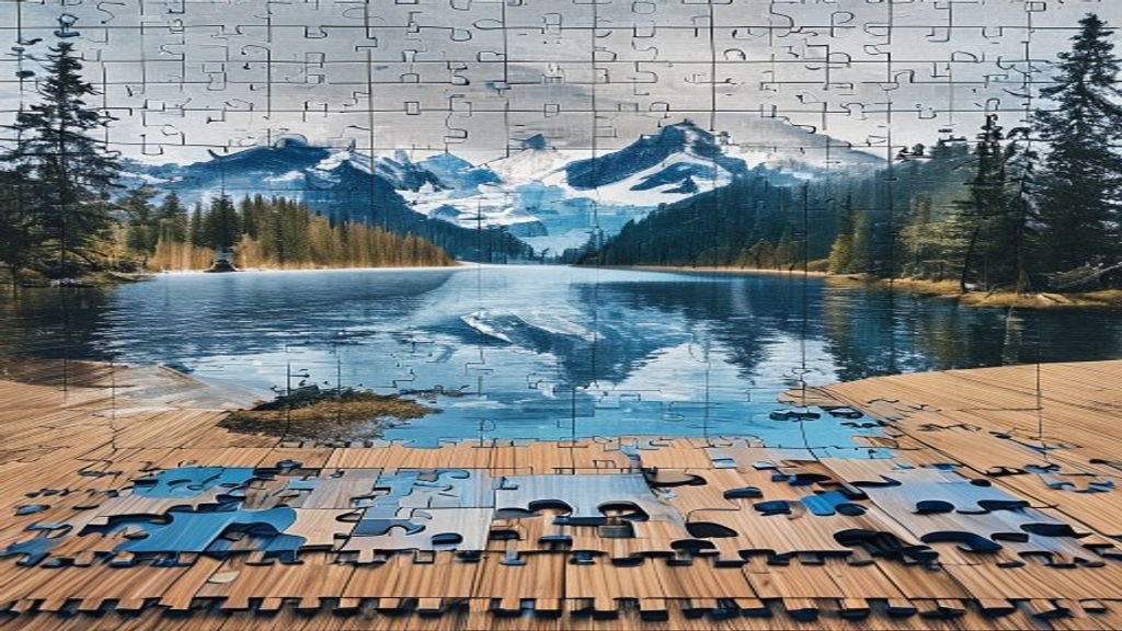 Experience Premium Assembly with a Wooden Mountain Lake Jigsaw Puzzle