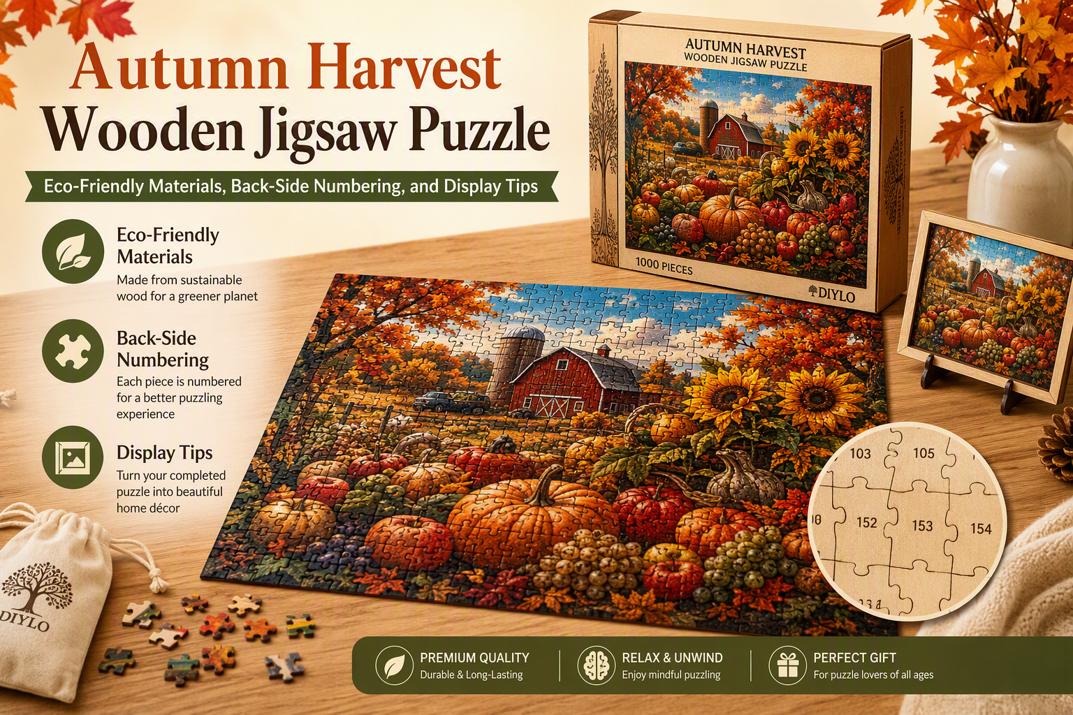 Autumn Harvest Wooden Jigsaw Puzzle: Eco-Friendly Materials, Back-Side Numbering, and Display Tips